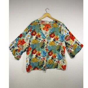 Tropical Boho Mirror Image Womens 3X Multicolor Floral Tie Front Button Top